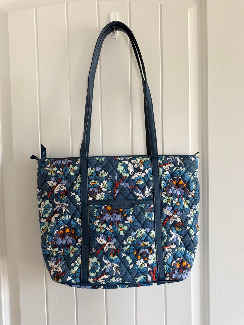 Vera Bradley Trimmed Vera Tote Floral Bursts Blue Quilted Shoulder Tote Bag